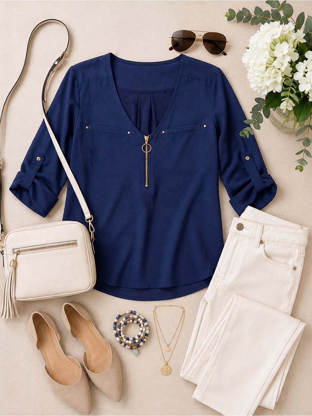 NWT Janet Chung Navy Blue Gold Zip Roll Tab Mixed Media Blouse